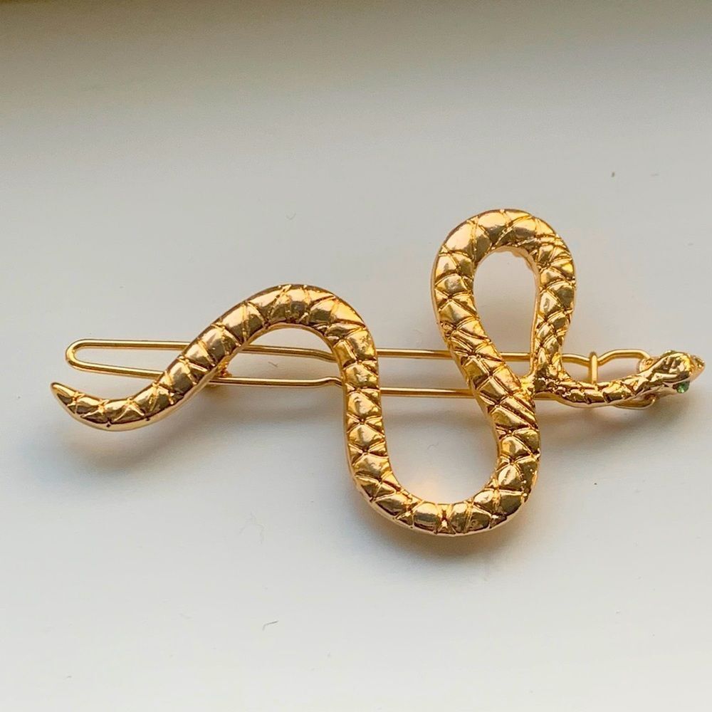 Snake Barrette with Green Eyes - Serpent Punk Edgy Gold Tone Hair Accessory